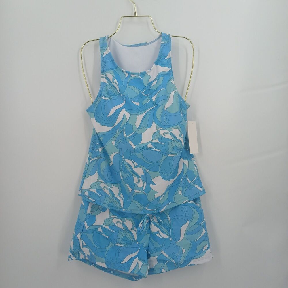 Womens walkonbeach 2 piece swim tankini shorts set blue and white size medium